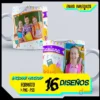 Muestra promocional de dos tazas de sublimación para graduación de primaria y kinder con diseños coloridos. Una taza muestra a tres niños sonrientes en un marco de pizarra con estrellas, la otra a una niña feliz junto a la palabra 'Mariana' y 'Felicitaciones Egresados'. Se ven elementos como 'ENVIO INMEDIATO', 'INCLUYE MOCKUP', '16 DISEÑOS' y 'FORMATO PNG - PSD'.