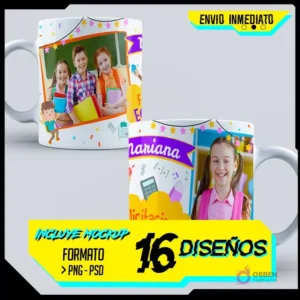 Muestra promocional de dos tazas de sublimación para graduación de primaria y kinder con diseños coloridos. Una taza muestra a tres niños sonrientes en un marco de pizarra con estrellas, la otra a una niña feliz junto a la palabra 'Mariana' y 'Felicitaciones Egresados'. Se ven elementos como 'ENVIO INMEDIATO', 'INCLUYE MOCKUP', '16 DISEÑOS' y 'FORMATO PNG - PSD'.