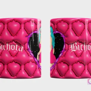 Taza sublimada con diseño 3D de corazones rosas, alambre de púas y personaje estilo Bichota de Karol G con cabello azul