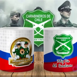 Taza con diseños de Carabineros de Chile en formato caricatura y el escudo institucional, ideal para niños o un toque divertido.