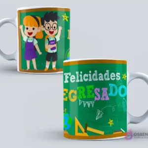 Dos tazas de graduación con diseño de pizarra verde. Una muestra un niño y una niña animados felices, la otra con la frase 'Feliz Egresado' en letras coloridas y elementos escolares.