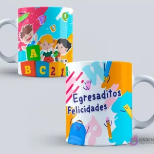 Dos tazas de sublimación con diseño alegre y colorido. Una con niños animados y bloques de letras ABC y números. La otra con la frase 'Egresaditos Felicidades' y elementos escolares como mochila y lápices animados.