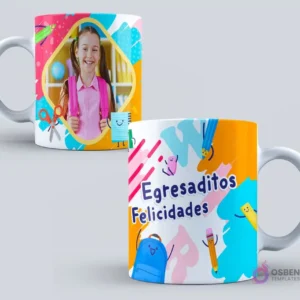 Dos tazas de sublimación con diseño de graduación infantil. Una con una niña sonriente con mochila en un marco rosa y elementos como tijeras y un libro. La otra con la frase 'Egresaditos Felicidades' y mochila y lápices animados.