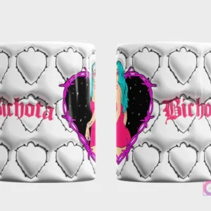 Taza sublimada con diseño 3D de corazones, alambre de púas y personaje estilo Bichota de Karol G con cabello azul