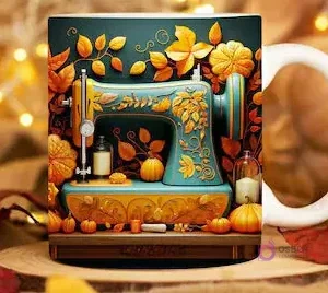 Taza sublimada con máquina de coser antigua turquesa y dorada, rodeada de hojas otoñales y calabazas, luces bokeh.