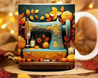 Taza sublimada con máquina de coser antigua turquesa y dorada, rodeada de hojas otoñales y calabazas, luces bokeh. Taza sublimada con máquina de coser antigua turquesa y dorada, rodeada de hojas otoñales y calabazas, luces bokeh.