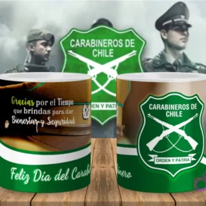 Tazas de sublimación con diseño del Día del Carabinero agradeciendo su labor por bienestar y seguridad, junto al escudo oficial de Carabineros de Chile.