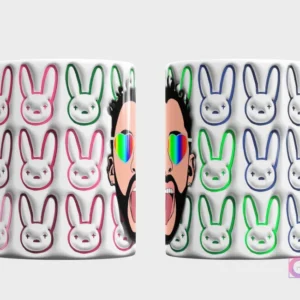 Taza sublimada con diseños 3D de conejos Bad Bunny y retrato de Bad Bunny con gafas de corazón arcoíris