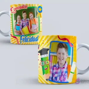 Dos tazas de sublimación con temática de graduación infantil en fondo amarillo. Una muestra tres niños en un marco con texto 'Egresados Felicidad', la otra un niño feliz en un marco azul y un lápiz animado con birrete.