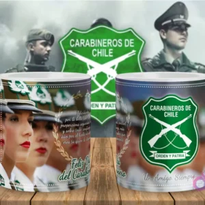 Diseño de taza para sublimar con imagen de Carabineras de Chile y el escudo institucional, celebrando el Día del Carabinero.