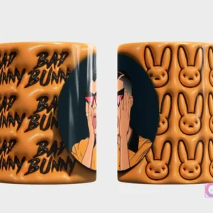 Taza sublimada con fondo naranja 3D 'BAD BUNNY' y personaje femenino de estilo urbano en caricatura