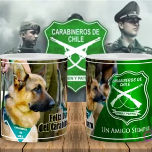 Taza personalizada para sublimación con perro Carabinero y el escudo de Carabineros de Chile, ideal para el Día del Carabinero.