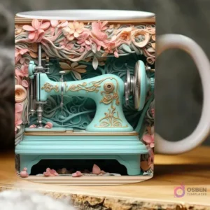 Taza sublimada con máquina de coser 3D color menta y detalles dorados, rodeada de delicadas flores y hojas rosadas.