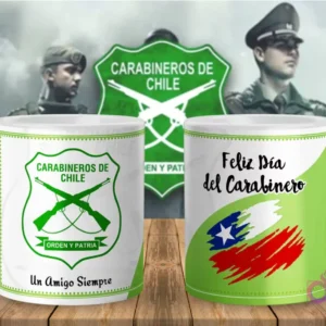 Diseño de taza para el Día del Carabinero con la bandera de Chile en colores verde y rojo, acompañado del escudo de la institución.