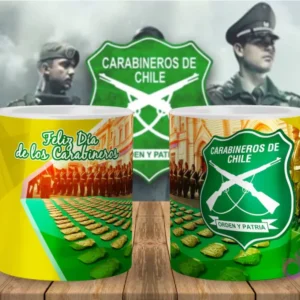 Diseño de taza de sublimación con imagen de Carabineros en formación y el escudo institucional, celebrando su día.