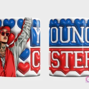Taza sublimada con diseño 3D de corazones Young Cister y retrato de mujer tatuada con ropa urbana y gafas de corazón