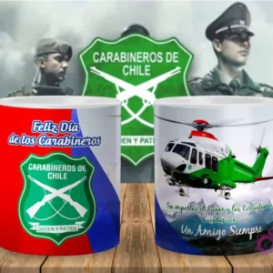 Taza con diseño de helicóptero de Carabineros de Chile y mensaje 'Un Amigo Siempre', junto al escudo institucional.
