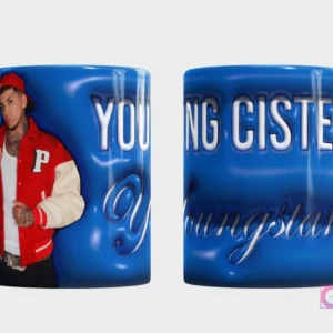 Taza sublimada con diseño 3D de 'Young Cister Youngstar' y retrato del cantante urbano Young Cister en chaqueta varsity