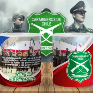 Taza sublimable con Carabineros a caballo y mensaje inspirador, mostrando el escudo de la institución.