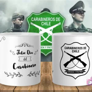 Taza para sublimar con diseño minimalista 'Feliz Día del Carabinero' en marco floral y el escudo en blanco y negro.