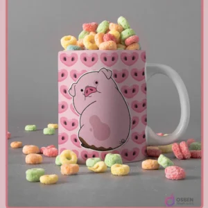 Taza blanca con diseño del cerdo Pato de Gravity Falls sobre un fondo rosa con patrones de narices de cerdo y corazones, rodeada de cereal de colores.