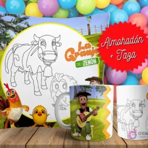 Cojín y tazas con diseño de La Granja de Zenón para pintar, sobre fondo de bolas de colores. Un cojín muestra a la vaca y otros animales en blanco y negro, y dos tazas, una a color y otra para colorear.