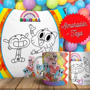 Cojín y tazas con diseño de Gumball para pintar, sobre fondo de bolas de colores. Un cojín muestra a Gumball y Darwin en blanco y negro, y dos tazas, una a color y otra para colorear.