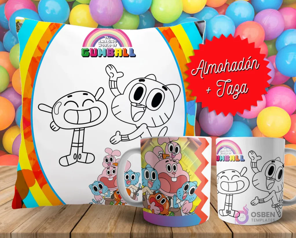 Cojín y tazas con diseño de Gumball para pintar, sobre fondo de bolas de colores. Un cojín muestra a Gumball y Darwin en blanco y negro, y dos tazas, una a color y otra para colorear. Cojín y tazas con diseño de Gumball para pintar, sobre fondo de bolas de colores. Un cojín muestra a Gumball y Darwin en blanco y negro, y dos tazas, una a color y otra para colorear.
