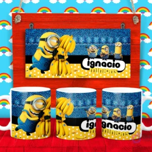 Plantilla para taza de Minions con un Minion abrazando bananas y otros Minions pequeños, incluye el nombre 'Ignacio'.