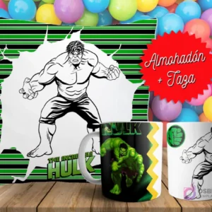 Cojín y tazas con diseño de Hulk para pintar, sobre fondo de bolas de colores. Un cojín muestra a Hulk en blanco y negro, y dos tazas, una a color y otra para colorear.
