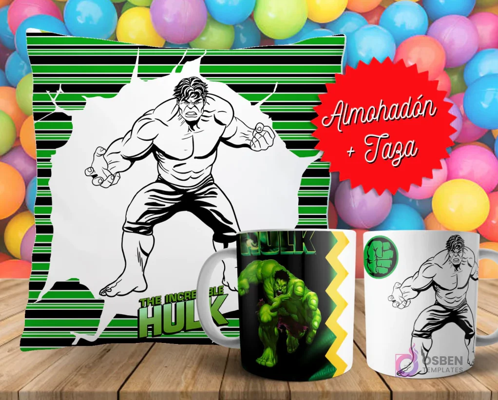 Cojín y tazas con diseño de Hulk para pintar, sobre fondo de bolas de colores. Un cojín muestra a Hulk en blanco y negro, y dos tazas, una a color y otra para colorear. Cojín y tazas con diseño de Hulk para pintar, sobre fondo de bolas de colores. Un cojín muestra a Hulk en blanco y negro, y dos tazas, una a color y otra para colorear.