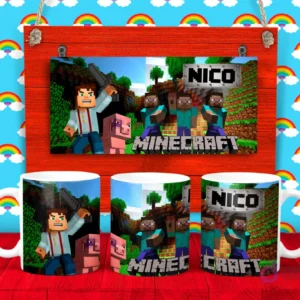 Plantilla para taza de Minecraft con personajes Steve y Alex, junto a un cerdo, y el nombre 'Nico' en un letrero.