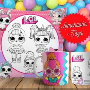 Cojín y tazas con diseño de LOL Surprise (muñecas unicornio) para pintar, sobre fondo de bolas de colores. Un cojín muestra varias muñecas en blanco y negro, y dos tazas, una a color y otra para colorear.