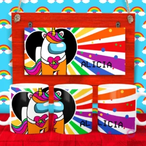 Plantilla para taza de Among Us con un tripulante unicornio de colores vibrantes y el nombre 'Alicia', sobre un fondo de arcoíris.