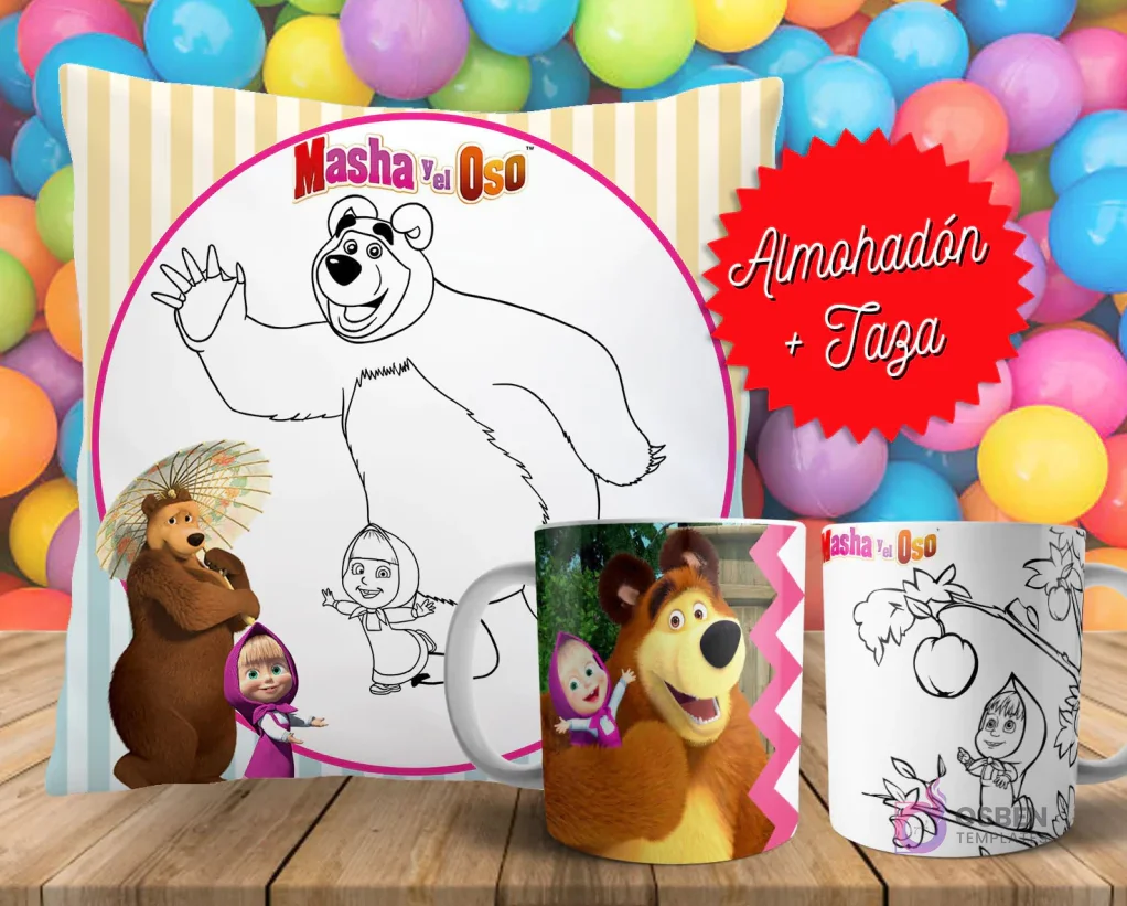 Cojín y tazas con diseño de Masha y el Oso para pintar, sobre fondo de bolas de colores. Un cojín muestra a Masha y el Oso en blanco y negro, y dos tazas, una a color y otra para colorear. Cojín y tazas con diseño de Masha y el Oso para pintar, sobre fondo de bolas de colores. Un cojín muestra a Masha y el Oso en blanco y negro, y dos tazas, una a color y otra para colorear.