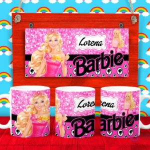 Plantilla para taza de Barbie con la muñeca en un vestido rosa y el nombre 'Lorena', sobre un fondo de glitter rosa.