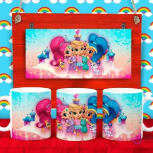 Plantilla para taza de Shimmer and Shine, las genios mágicas, con sus mascotas y castillos de fondo en tonos pastel.
