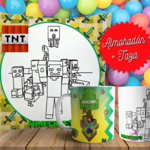 Cojín y tazas con diseño de Minecraft para pintar, sobre fondo de bolas de colores. Un cojín muestra personajes y elementos en blanco y negro, y dos tazas, una a color y otra para colorear.
