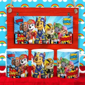 Plantilla para taza de Paw Patrol con todos los cachorros (Chase, Marshall, Rubble, Skye, Zuma, Rocky) en pose de acción.
