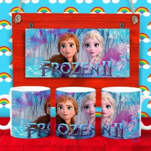 Plantilla para taza de Frozen II con las princesas Anna y Elsa de Disney en un bosque encantado de invierno.