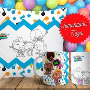 Cojín y tazas con diseño de Mini Beat Power Rockers para pintar, sobre fondo de bolas de colores. Un cojín muestra a los personajes en blanco y negro, y dos tazas, una a color y otra para colorear.