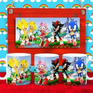 Plantilla para taza de Sonic, Shadow, y Amy Rose con sus amigos en una pose heroica, fondo de ciudad.