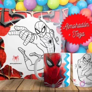 Cojín y tazas con diseño de Spider-Man para pintar, sobre fondo de bolas de colores. Un cojín muestra a Spider-Man en blanco y negro, y dos tazas, una a color y otra para colorear.