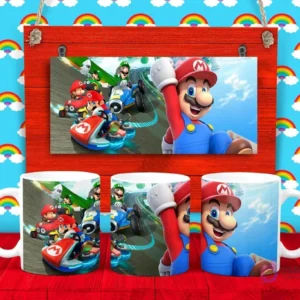 Plantilla para taza de Mario Kart con Mario en primer plano y otros personajes de Nintendo en una carrera de karts.