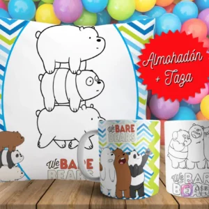 Cojín y tazas con diseño de We Bare Bears para pintar, sobre fondo de bolas de colores. Un cojín muestra a los tres osos en blanco y negro, y dos tazas, una a color y otra para colorear.