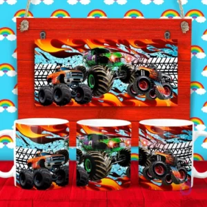 Plantilla para taza de Monster Trucks con vehículos todoterreno en llamas y huellas de neumáticos sobre un fondo abstracto azul.