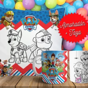 Cojín y tazas con diseño de Paw Patrol (Chase y Marshall) para pintar, sobre fondo de bolas de colores. Un cojín muestra a los perritos en blanco y negro, y dos tazas, una a color y otra para colorear.