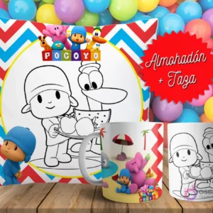 Cojín y tazas con diseño de Pocoyó para pintar, sobre fondo de bolas de colores. Un cojín muestra a Pocoyó y Pato en blanco y negro, y dos tazas, una a color y otra para colorear.