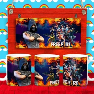Plantilla para taza de Free Fire con personajes en poses de combate y el logo del juego, sobre un fondo de llamas y galaxias.