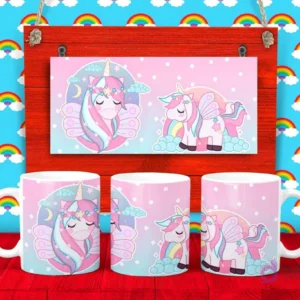 Plantilla para taza de Unicornios con dos unicornios en tonos pastel rosa y azul, rodeados de nubes y arcoíris.